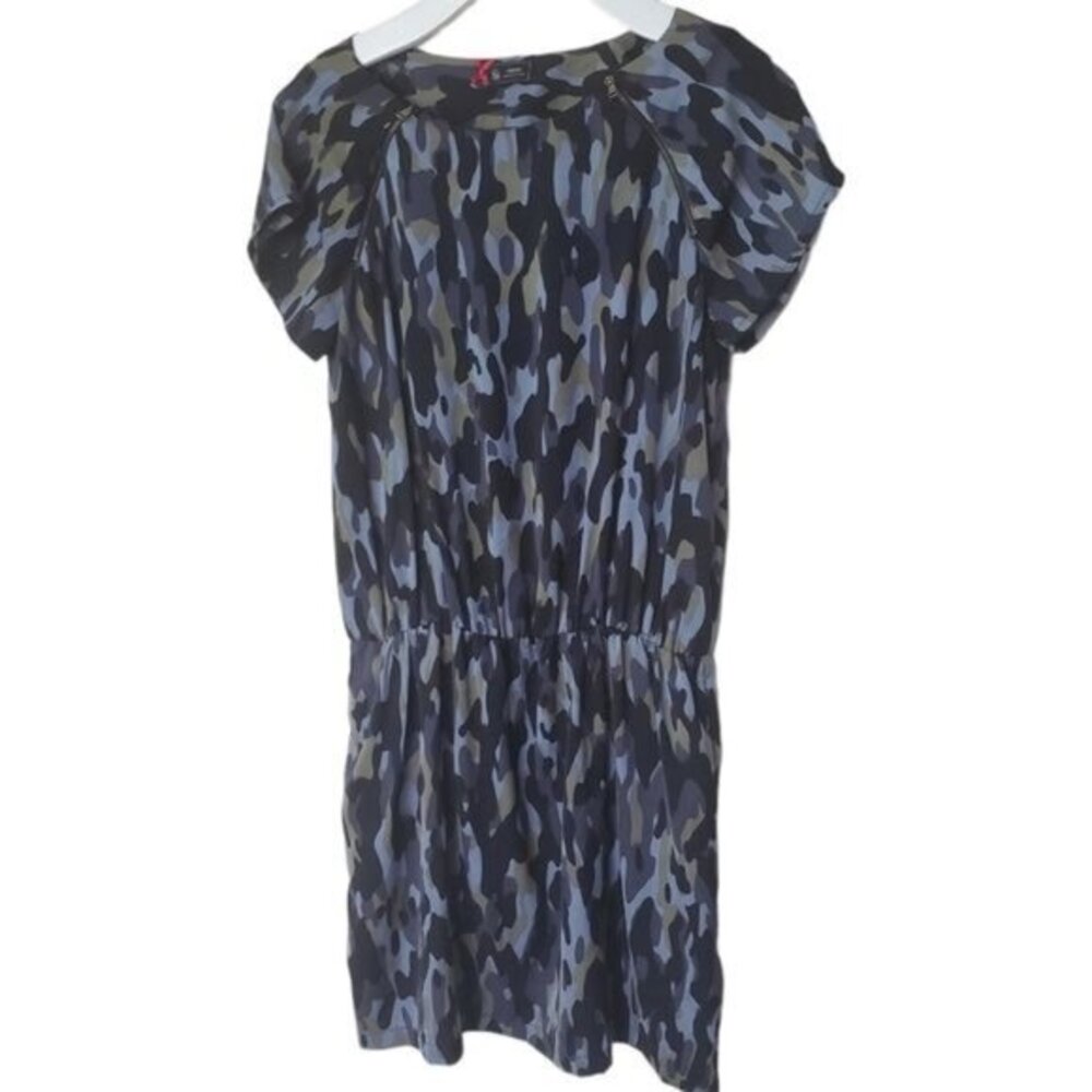 SINEQUANONE Womens Dress Camo Zip Lined‎ Cinched Waist Black Blue Pockets Medium
